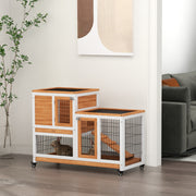 Wooden Rabbit Hutch - 2-Tier Indoor Bunny Cage with Wheels, Yellow-Small Animals-DECOROLALA