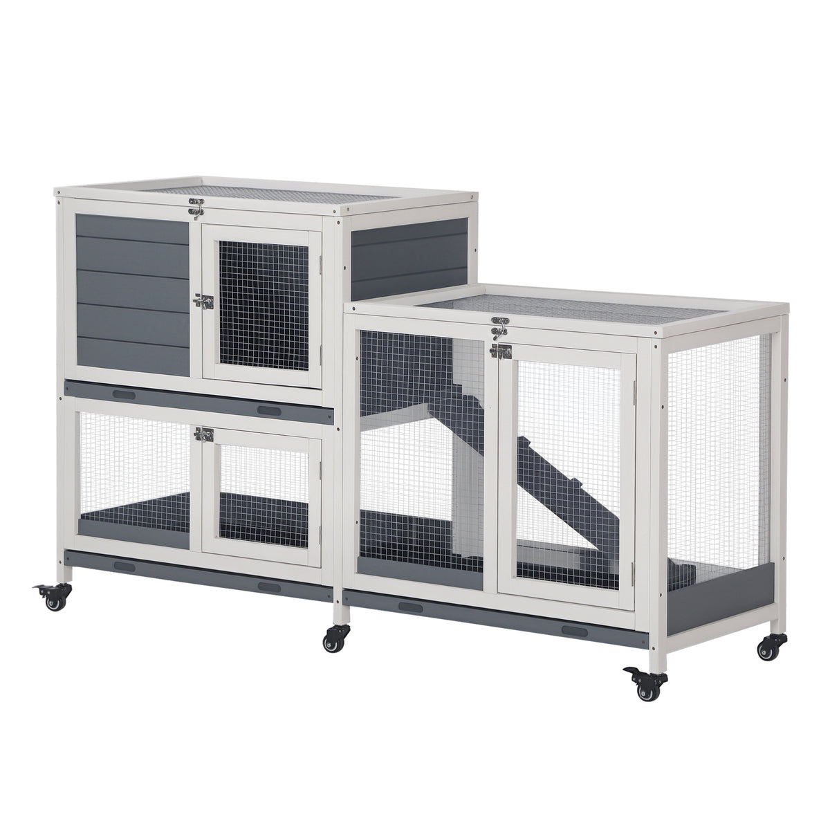 Wooden Rabbit Hutch - Elevated Indoor Bunny Cage 58" Grey-Small Animal Supplies-DECOROLALA
