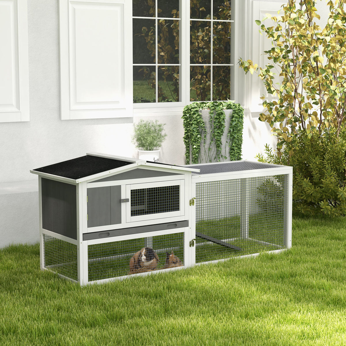 Wooden Rabbit Hutch with Run and Removable Tray - Grey 62"-Small Animal Supplies-DECOROLALA