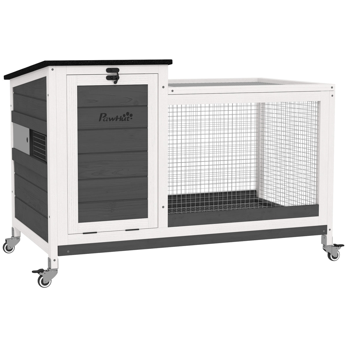 Wooden Rabbit Hutch with Run on Wheels - Grey 36" Fir Wood-Small Animal Supplies-DECOROLALA