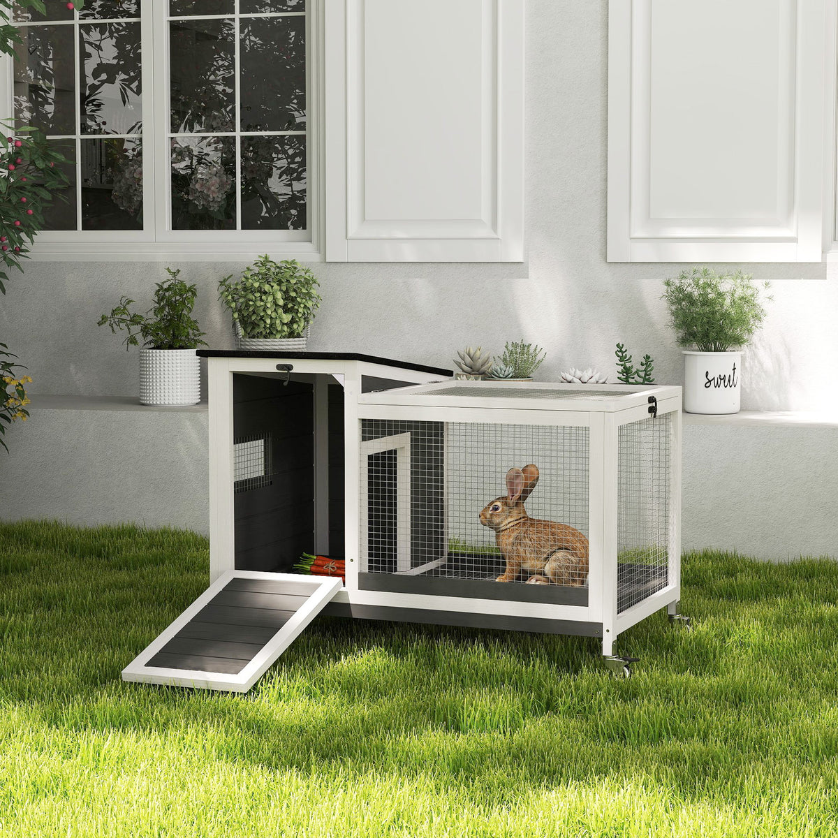 Wooden Rabbit Hutch with Run on Wheels - Grey 36" Fir Wood-Small Animal Supplies-DECOROLALA