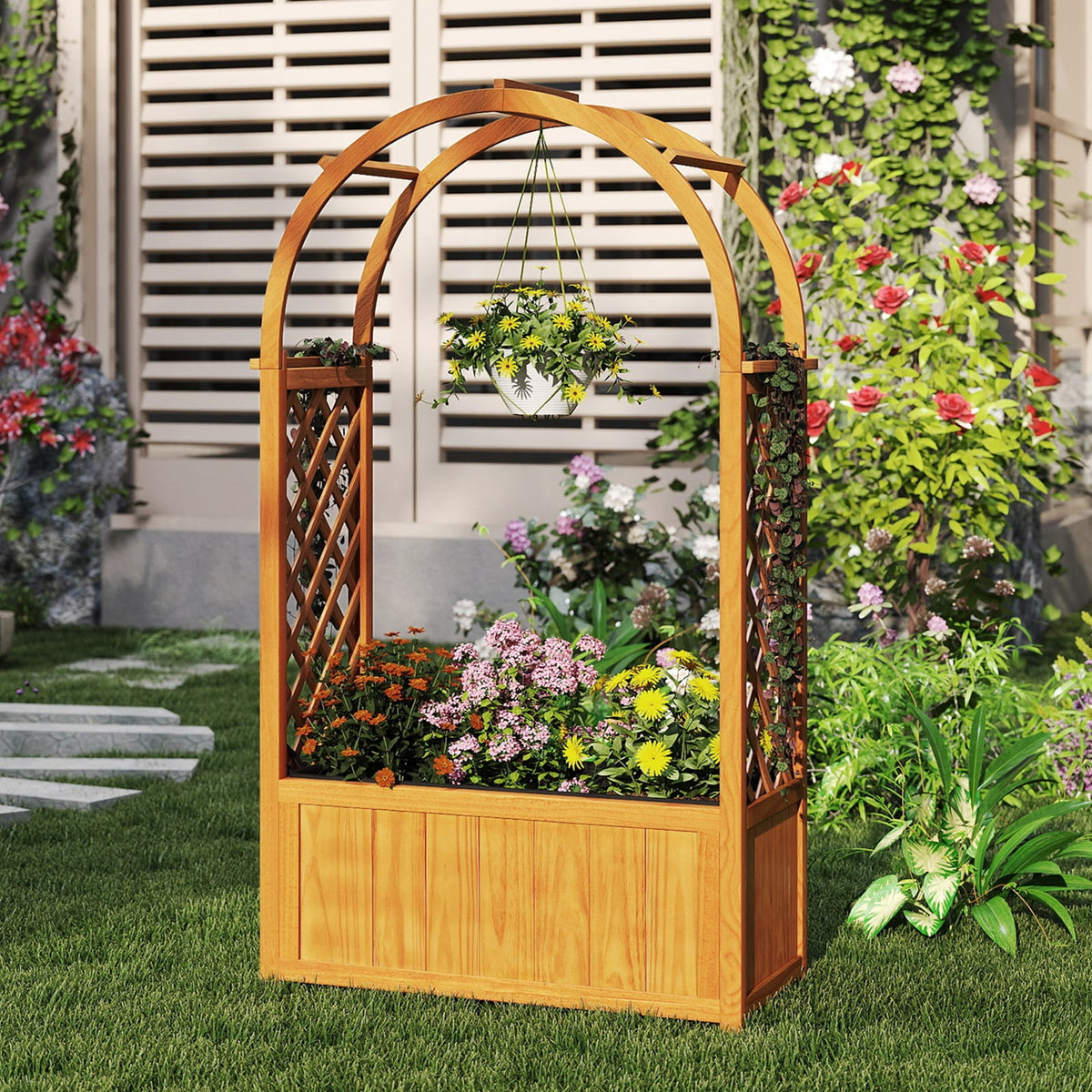 Wooden Raised Garden Bed with Lattice Trellis and Arched Roof-Orange-Raised Garden Beds-DECOROLALA