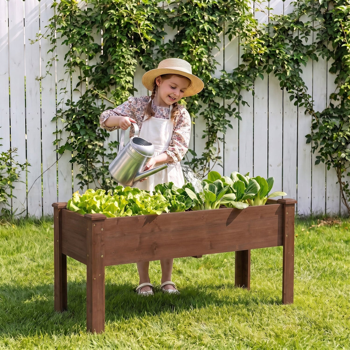 Wooden Raised Garden Bed with Legs Elevated Planter Box with Drainage Holes-Coffee-Raised Garden Beds-DECOROLALA