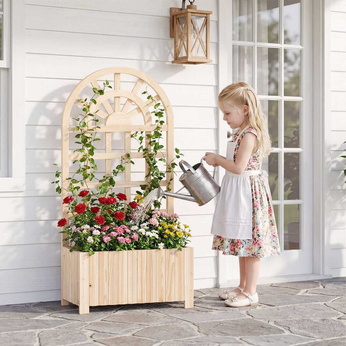 Wooden Raised Garden Bed with Trellis 48 Inch Outdoor Screen-Natural-Raised Garden Beds-DECOROLALA