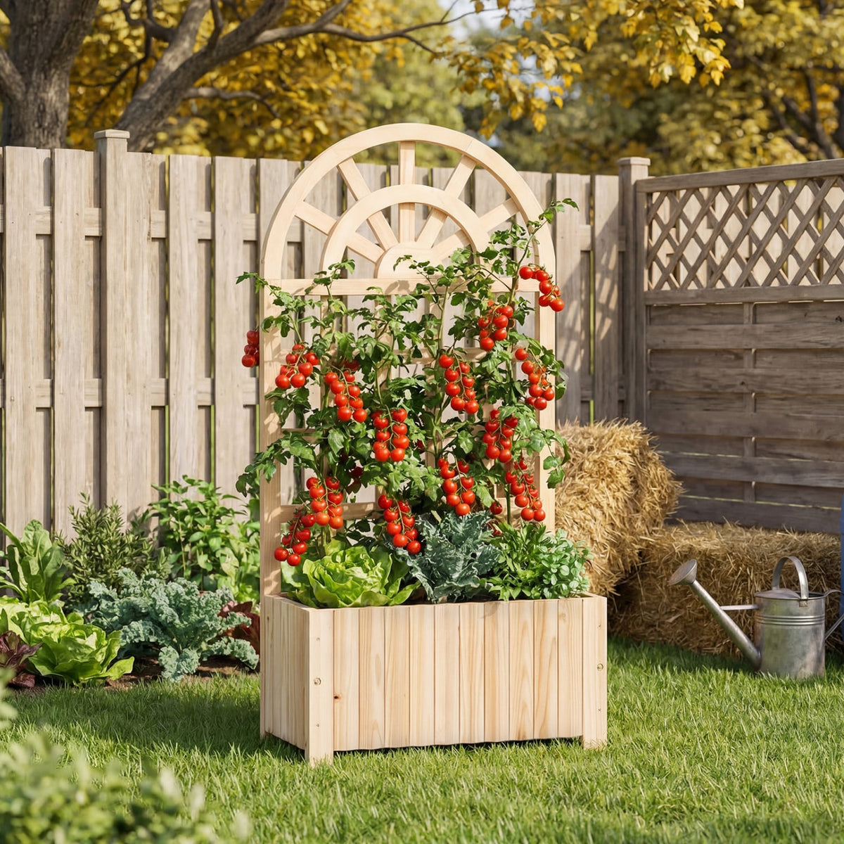 Wooden Raised Garden Bed with Trellis 48 Inch Outdoor Screen-Natural-Raised Garden Beds-DECOROLALA