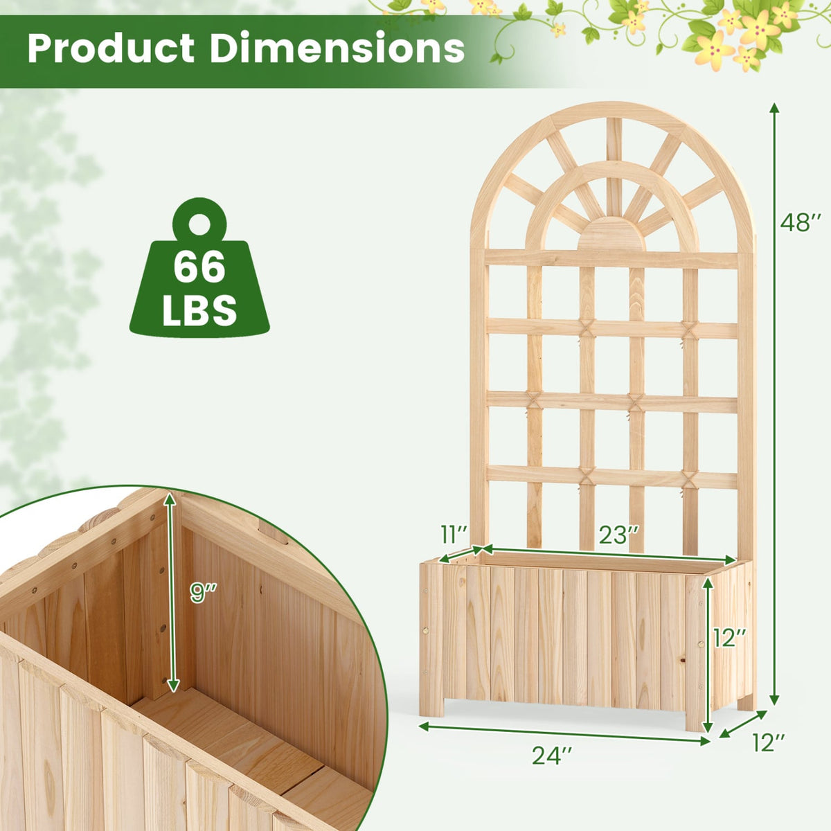 Wooden Raised Garden Bed with Trellis 48 Inch Outdoor Screen-Natural-Raised Garden Beds-DECOROLALA