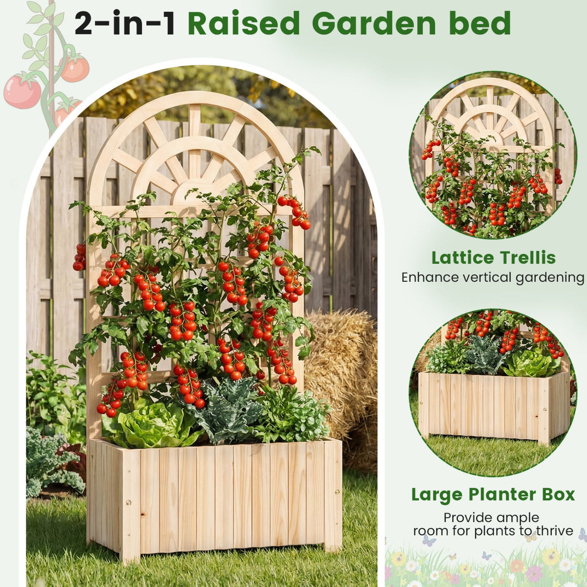 Wooden Raised Garden Bed with Trellis 48 Inch Outdoor Screen-Natural-Raised Garden Beds-DECOROLALA