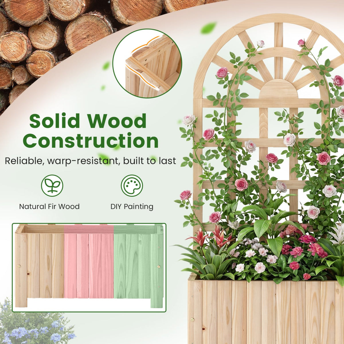 Wooden Raised Garden Bed with Trellis 48 Inch Outdoor Screen-Natural-Raised Garden Beds-DECOROLALA