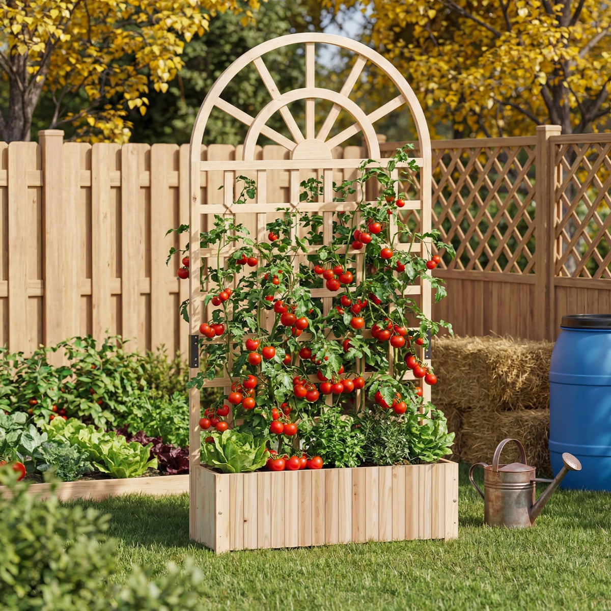 Wooden Raised Garden Bed with Trellis 71" Outdoor Planter Box Privacy Screen-Natural-Raised Garden Beds-DECOROLALA