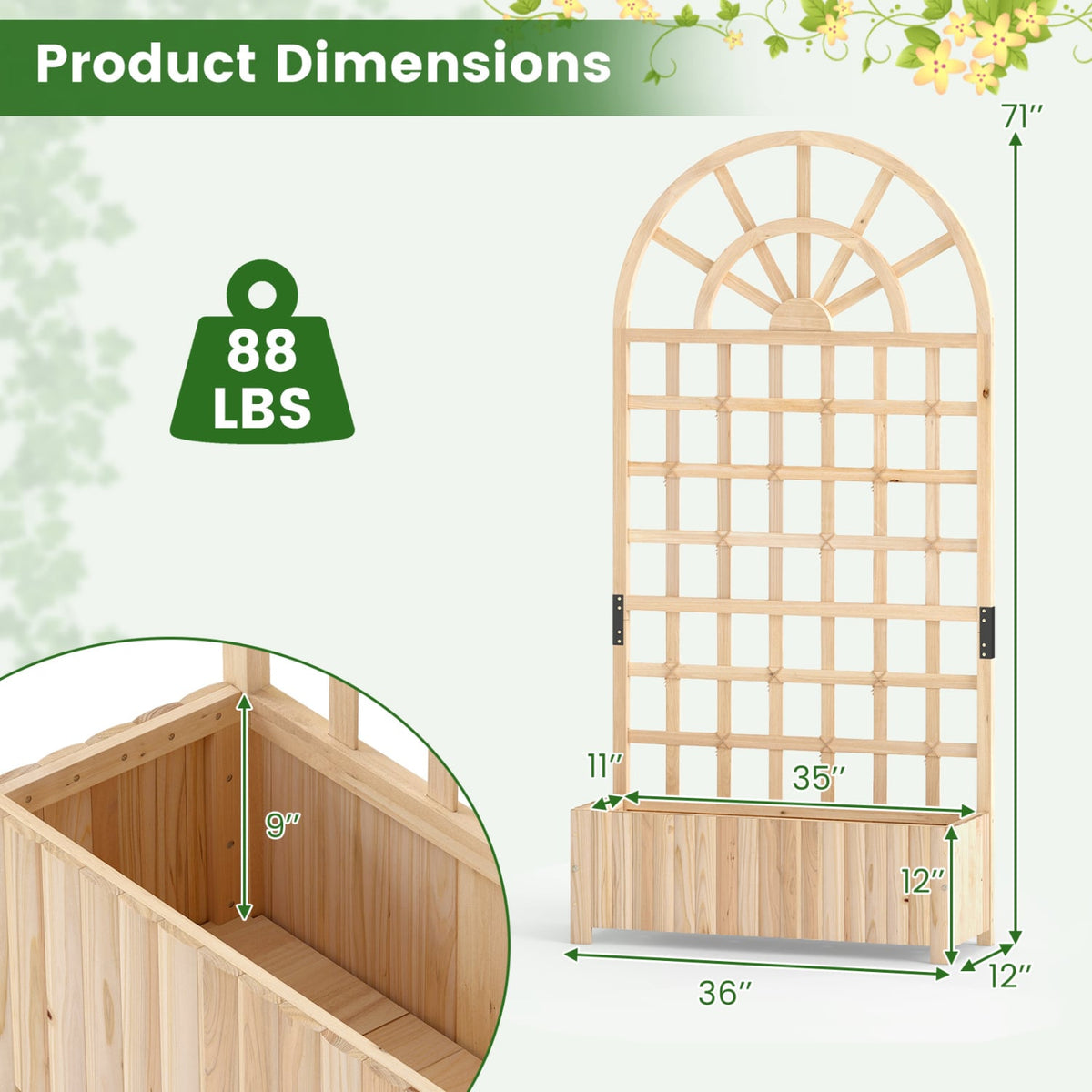 Wooden Raised Garden Bed with Trellis 71" Outdoor Planter Box Privacy Screen-Natural-Raised Garden Beds-DECOROLALA