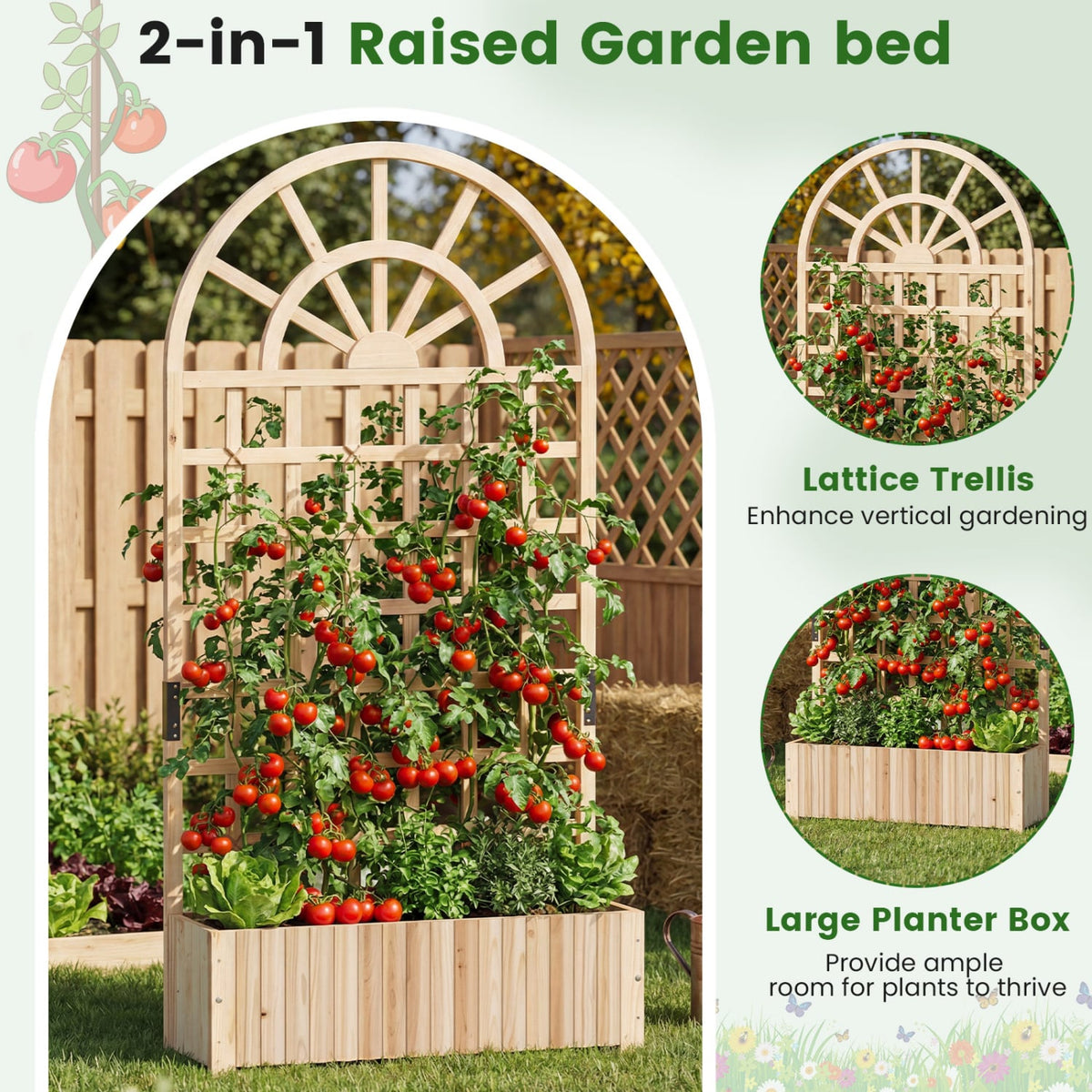 Wooden Raised Garden Bed with Trellis 71" Outdoor Planter Box Privacy Screen-Natural-Raised Garden Beds-DECOROLALA