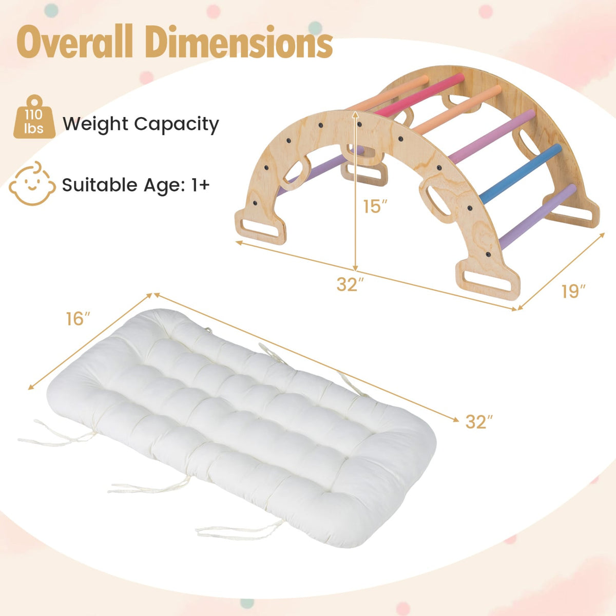 Wooden Rocking Climbing Arch with Cushion 3-in-1 Montessori Kids Climber Rocker