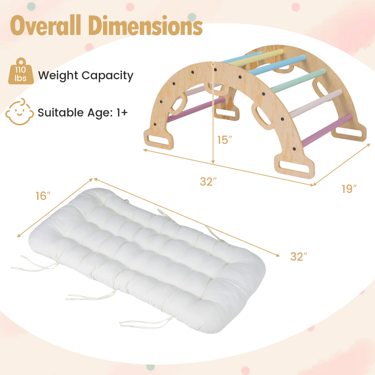 Wooden Rocking Climbing Arch with Cushion 3-in-1 Montessori Kids Climber Rocker