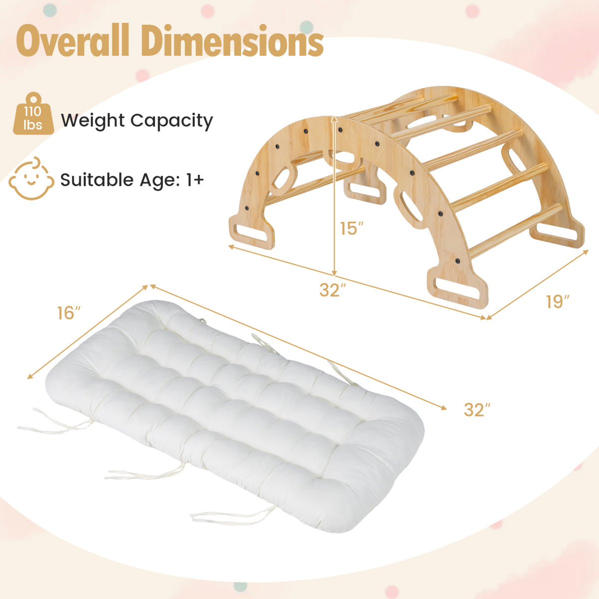 Wooden Rocking Climbing Arch with Cushion 3-in-1 Montessori Kids Climber Rocker