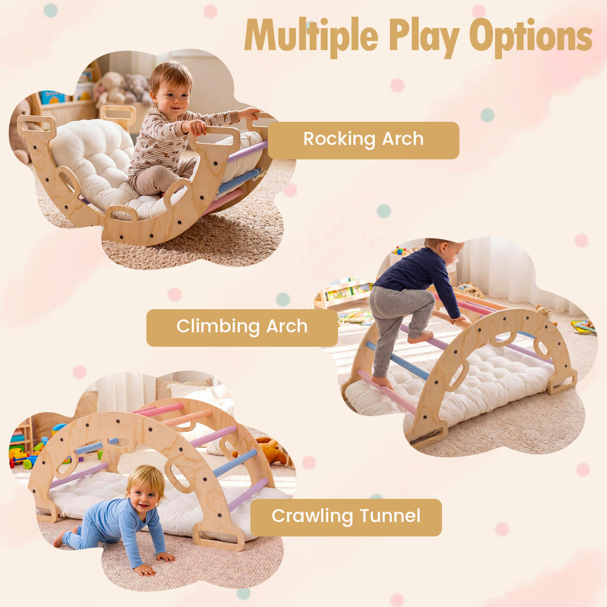 Wooden Rocking Climbing Arch with Cushion 3-in-1 Montessori Kids Climber Rocker
