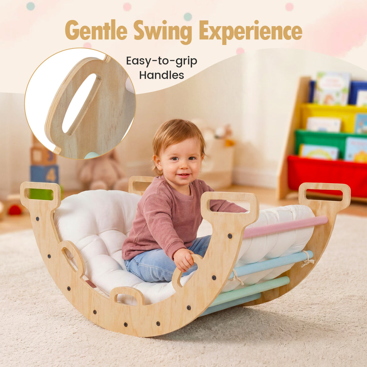 Wooden Rocking Climbing Arch with Cushion 3-in-1 Montessori Kids Climber Rocker