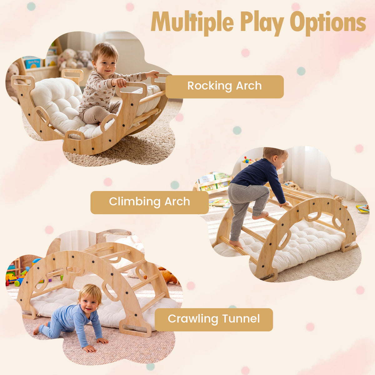 Wooden Rocking Climbing Arch with Cushion 3-in-1 Montessori Kids Climber Rocker