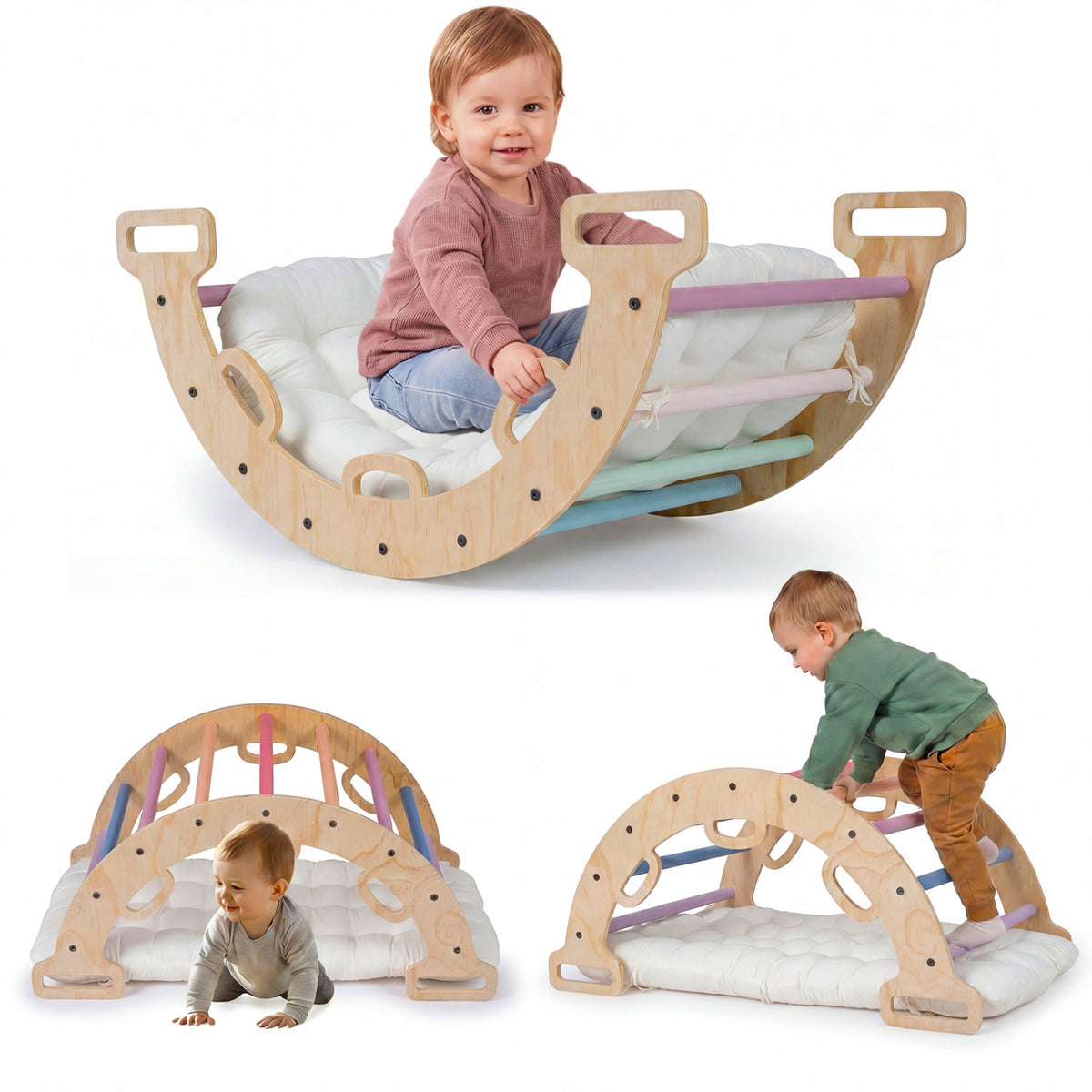 Wooden Rocking Climbing Arch with Cushion 3-in-1 Montessori Kids Climber Rocker
