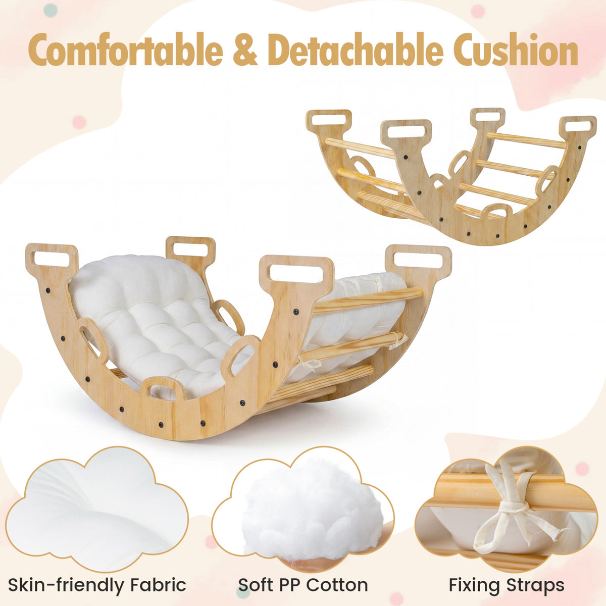 Wooden Rocking Climbing Arch with Cushion 3-in-1 Montessori Kids Climber Rocker