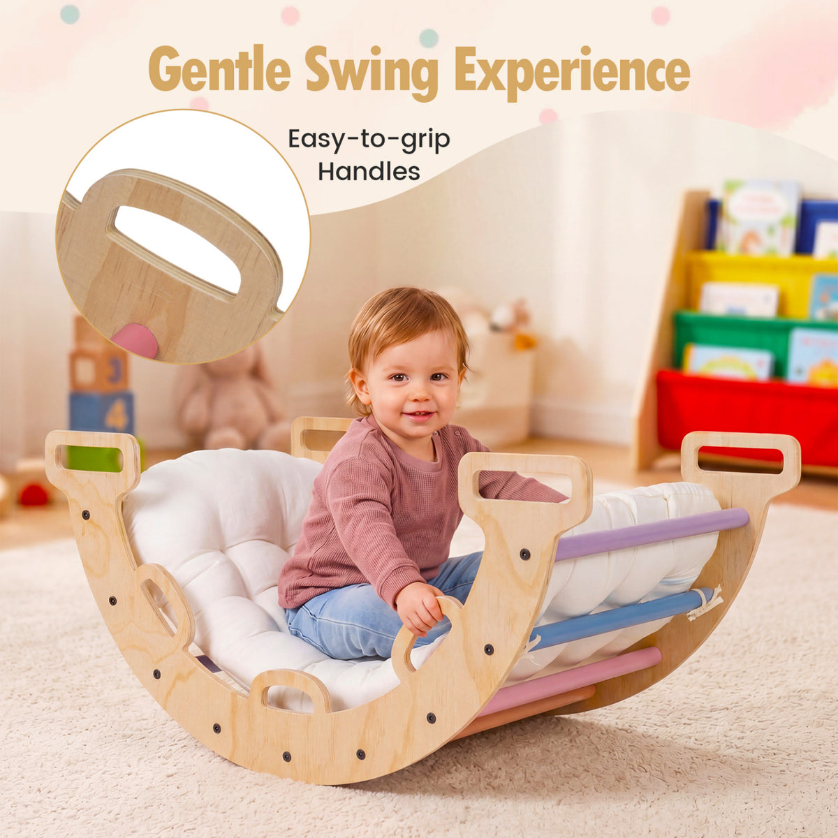 Wooden Rocking Climbing Arch with Cushion 3-in-1 Montessori Kids Climber Rocker