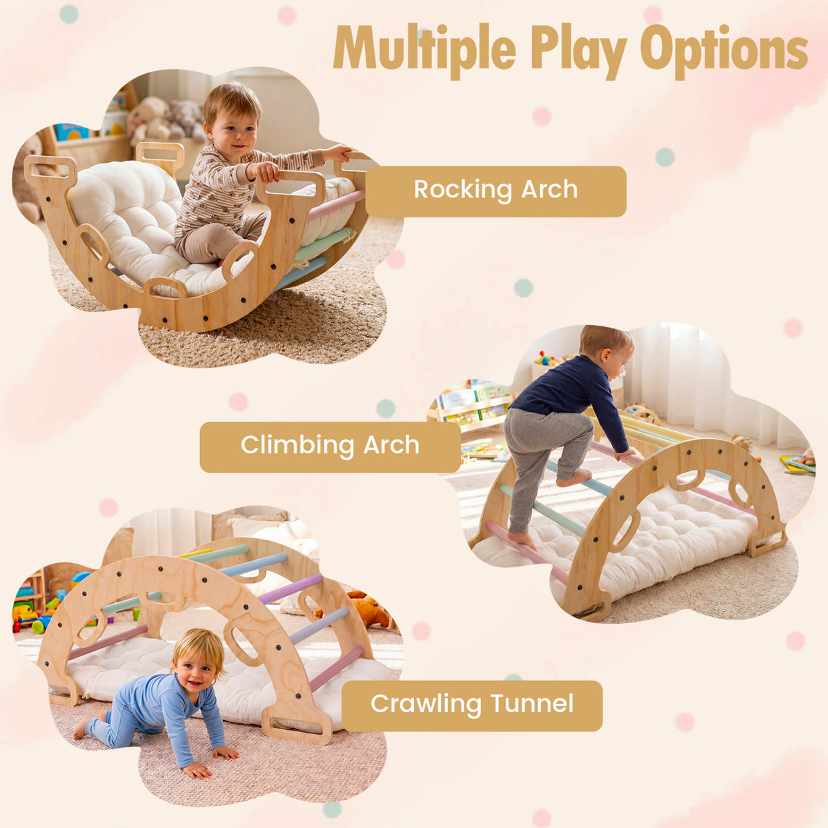 Wooden Rocking Climbing Arch with Cushion 3-in-1 Montessori Kids Climber Rocker