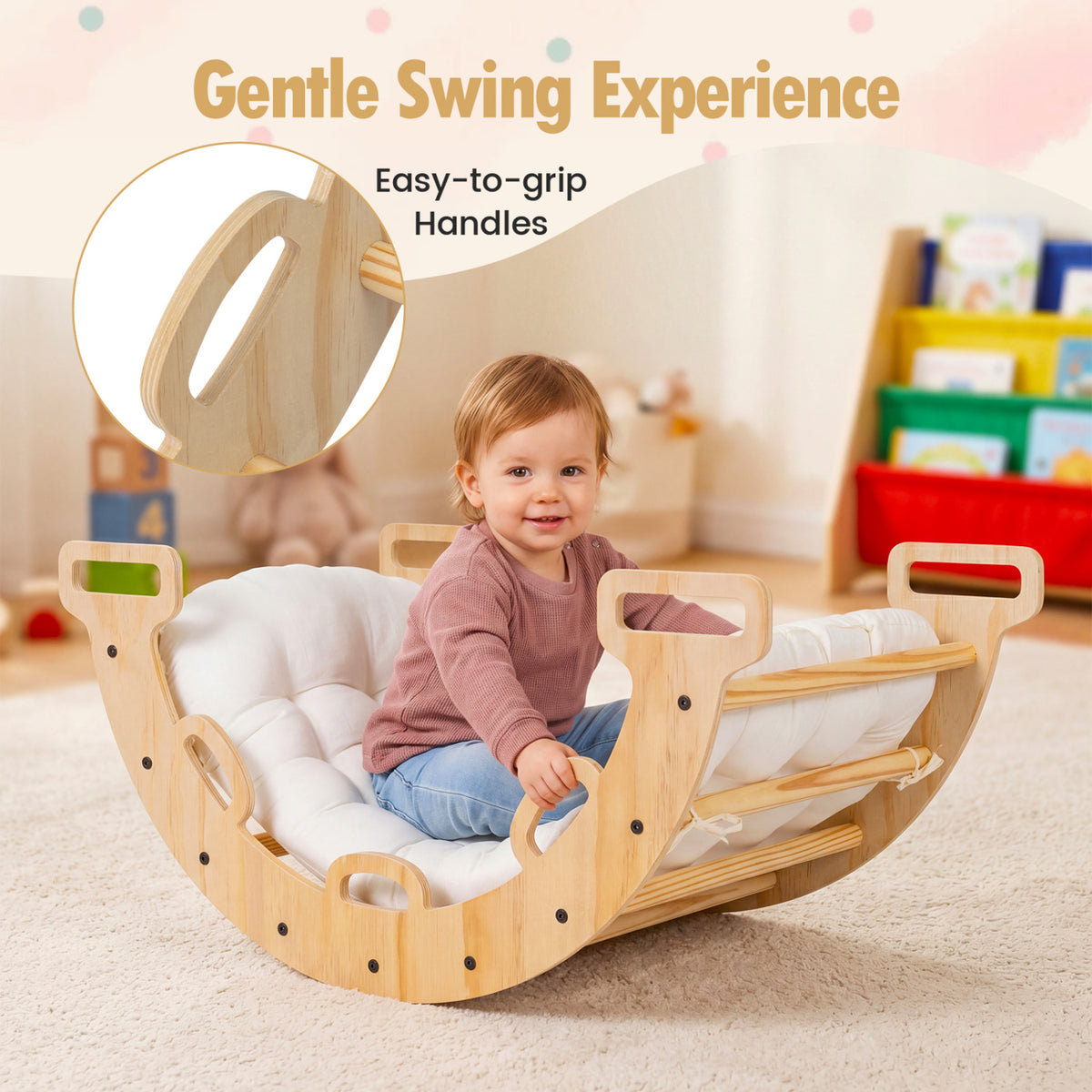 Wooden Rocking Climbing Arch with Cushion 3-in-1 Montessori Kids Climber Rocker