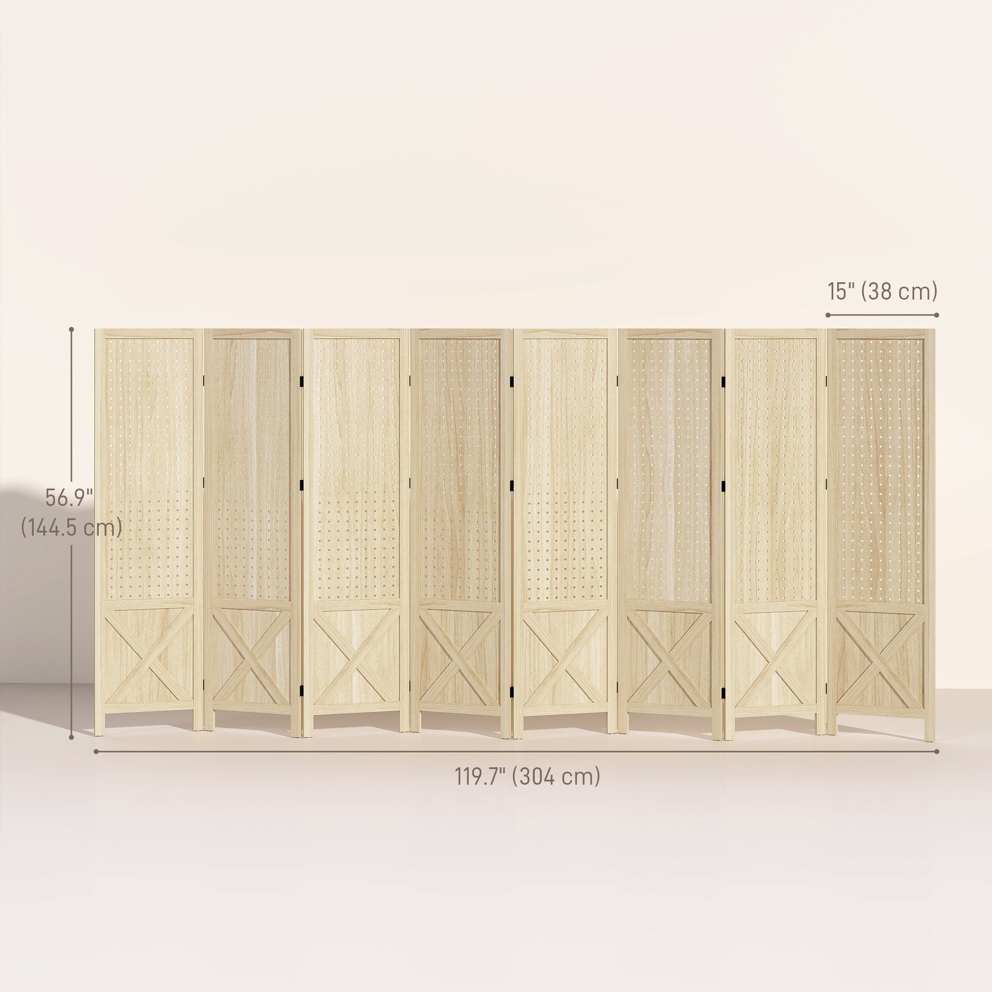 Wooden Room Divider with Pegboard Display, 8 Panel Folding Privacy Screen for Home Office, Natural Wood-Home Furnishings > Living Room Furniture > Room Dividers-DECOROLALA