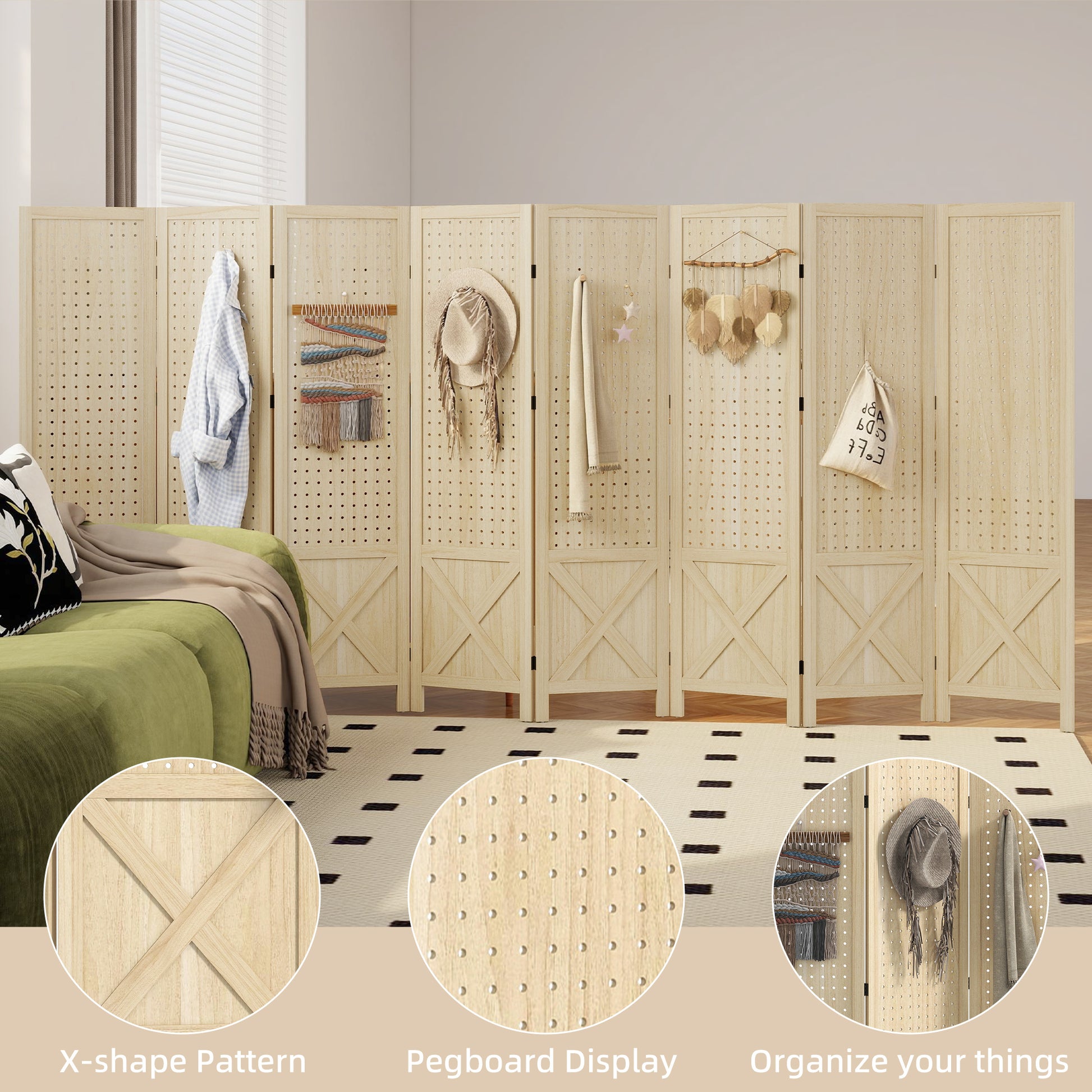 Wooden Room Divider with Pegboard Display, 8 Panel Folding Privacy Screen for Home Office, Natural Wood-Home Furnishings > Living Room Furniture > Room Dividers-DECOROLALA