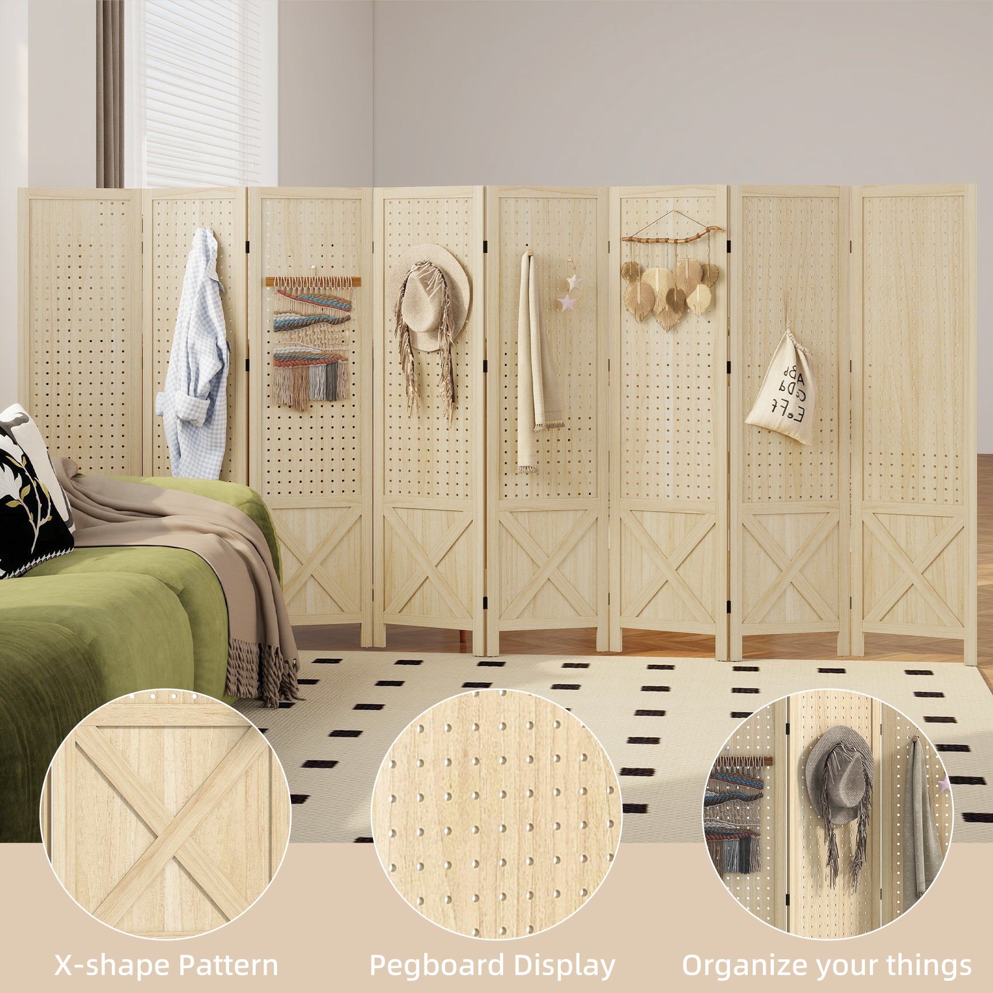 Wooden Room Divider with Pegboard Display, 8 Panel Folding Privacy Screen for Home Office, Natural Wood-Home Furnishings > Living Room Furniture > Room Dividers-DECOROLALA