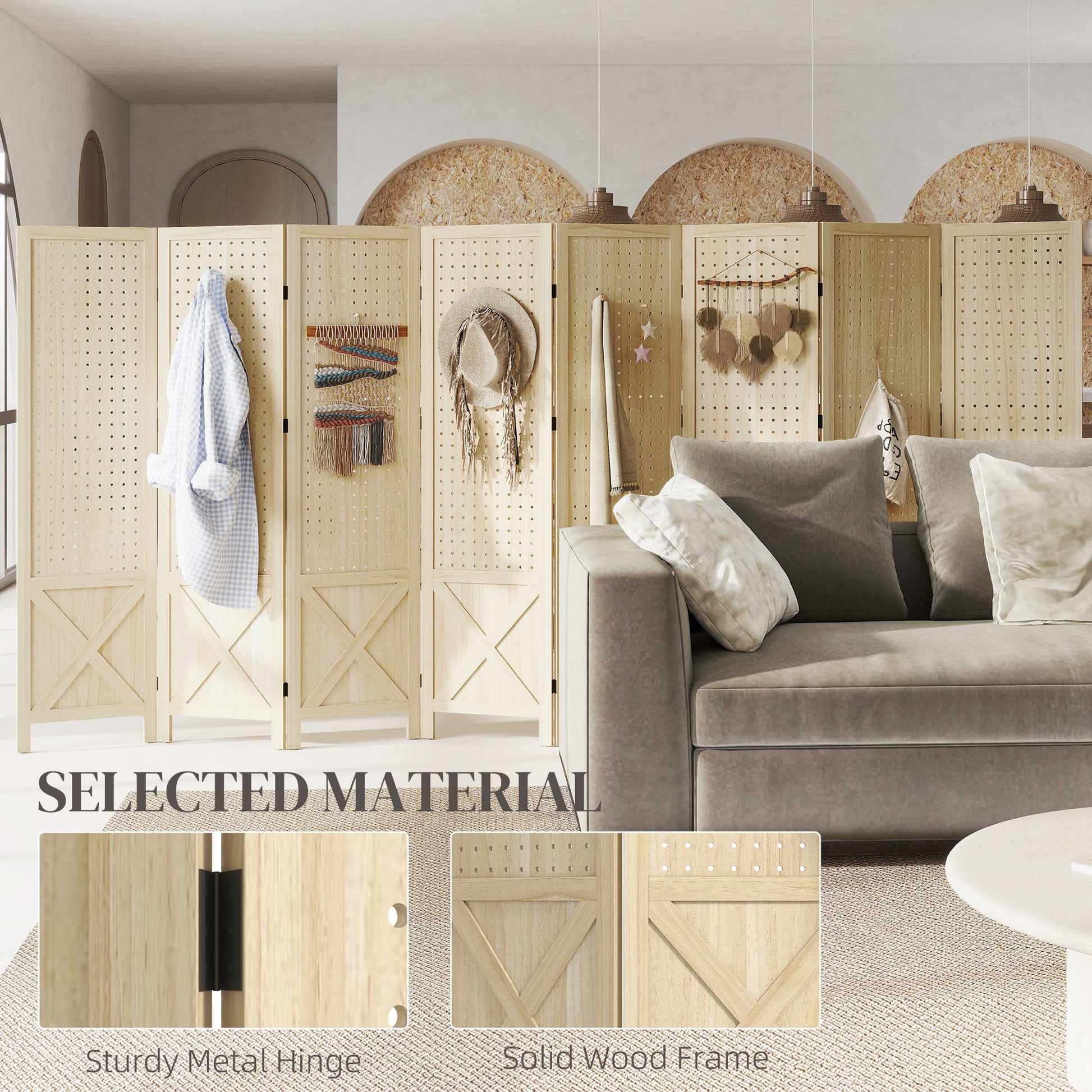 Wooden Room Divider with Pegboard Display, 8 Panel Folding Privacy Screen for Home Office, Natural Wood-Home Furnishings > Living Room Furniture > Room Dividers-DECOROLALA