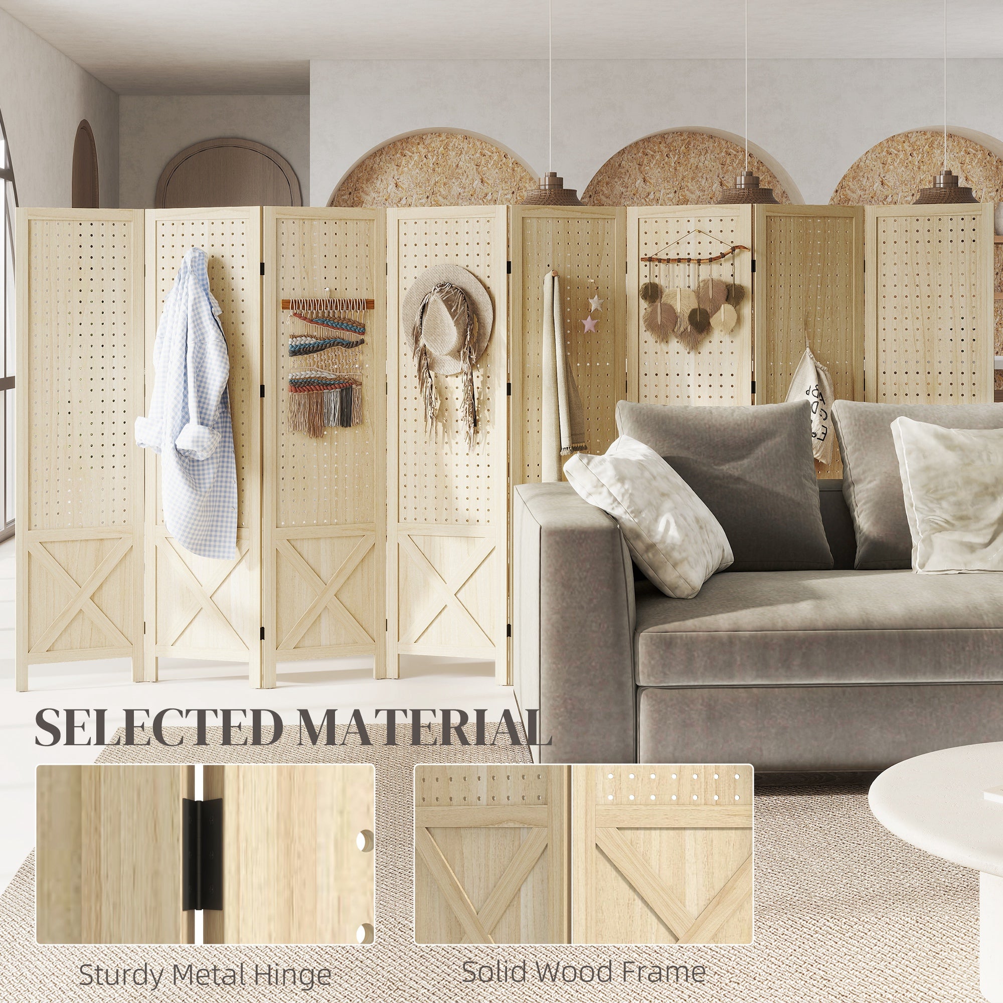 Wooden Room Divider with Pegboard Display, 8 Panel Folding Privacy Screen for Home Office, Natural Wood-Home Furnishings > Living Room Furniture > Room Dividers-DECOROLALA