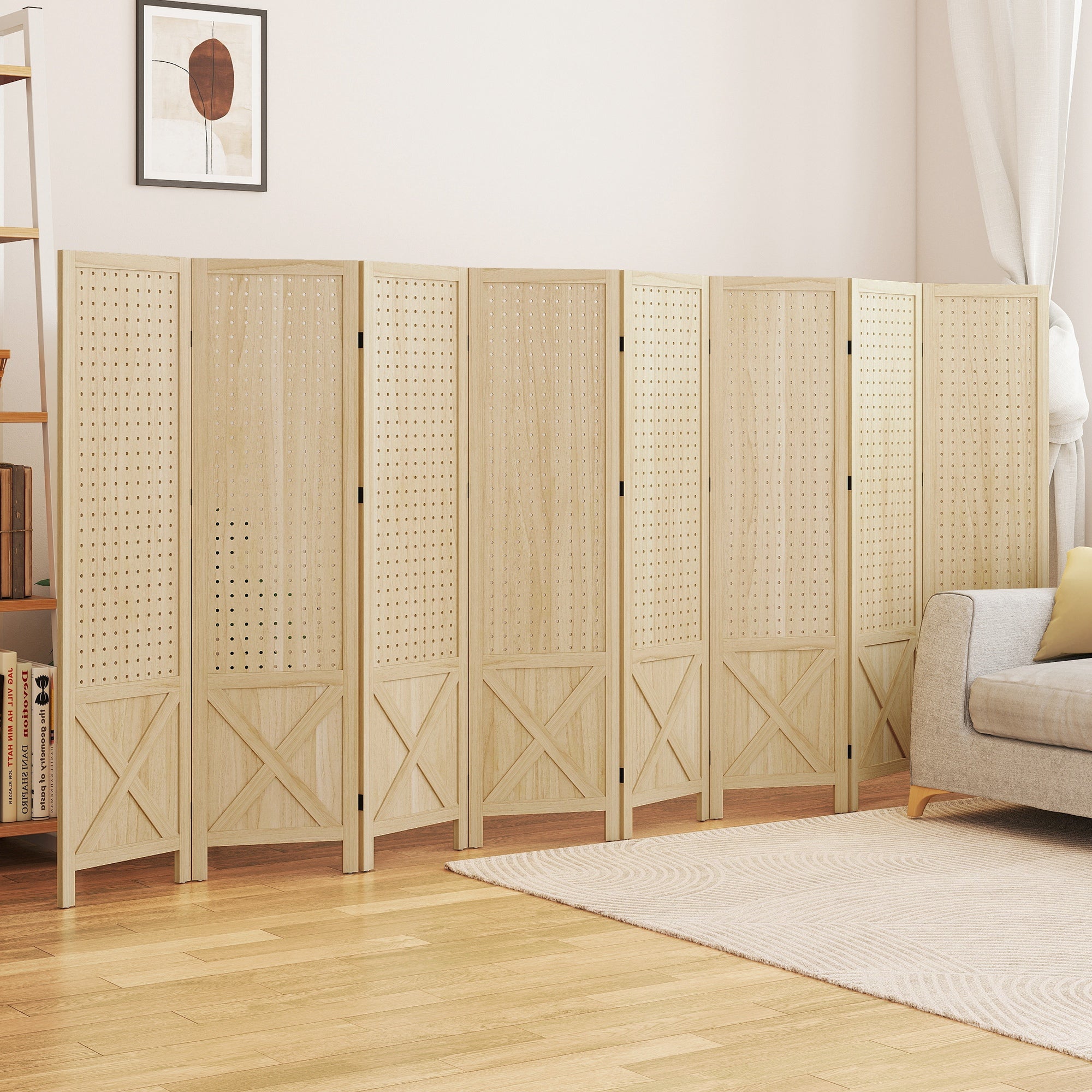 Wooden Room Divider with Pegboard Display, 8 Panel Folding Privacy Screen for Home Office, Natural Wood-Home Furnishings > Living Room Furniture > Room Dividers-DECOROLALA