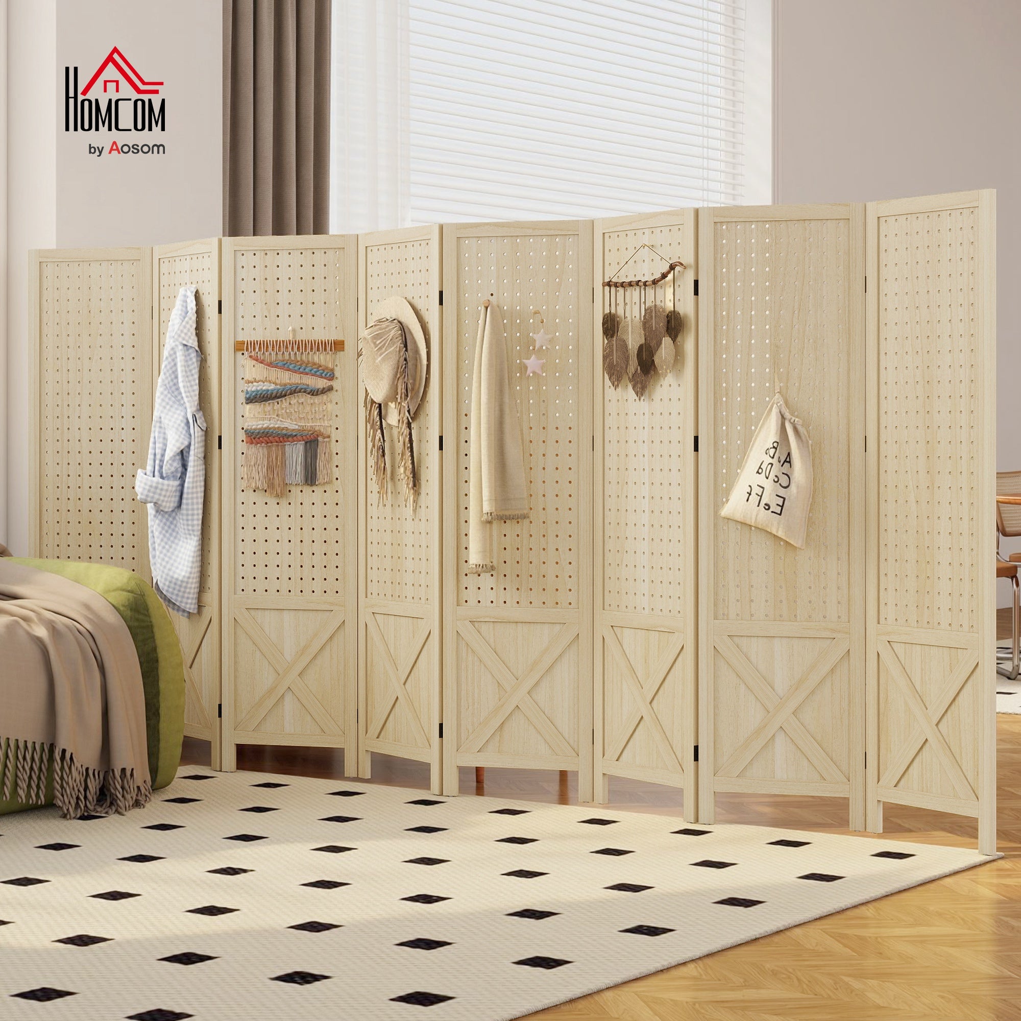 Wooden Room Divider with Pegboard Display, 8 Panel Folding Privacy Screen for Home Office, Natural Wood-Home Furnishings > Living Room Furniture > Room Dividers-DECOROLALA