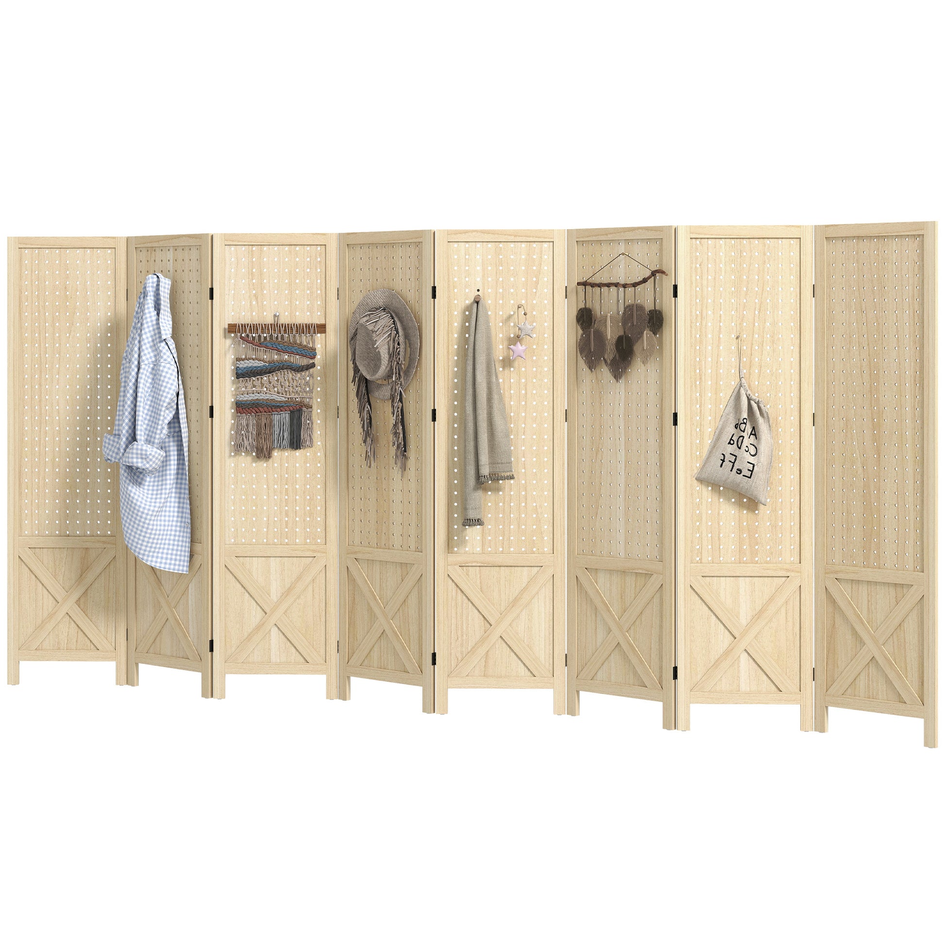 Wooden Room Divider with Pegboard Display, 8 Panel Folding Privacy Screen for Home Office, Natural Wood-Home Furnishings > Living Room Furniture > Room Dividers-DECOROLALA
