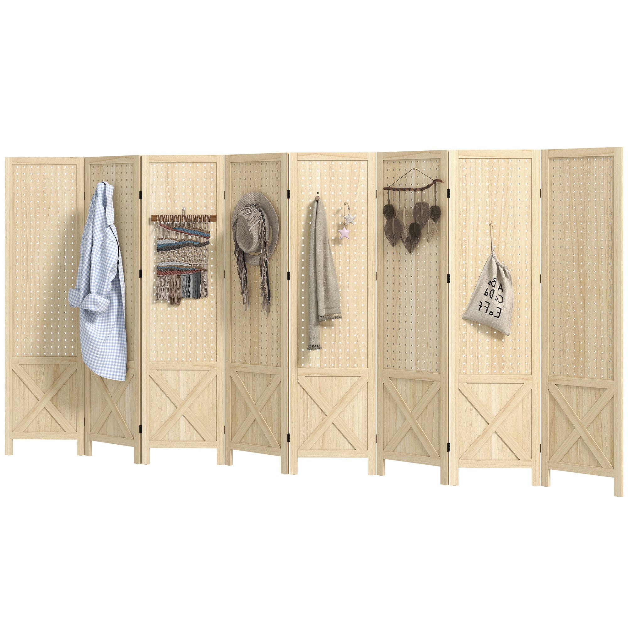Wooden Room Divider with Pegboard Display, 8 Panel Folding Privacy Screen for Home Office, Natural Wood-Home Furnishings > Living Room Furniture > Room Dividers-DECOROLALA