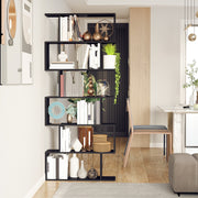 Wooden S Shape 6-Tier Bookcase - Black 75" Display Shelf-Display Bookshelves-DECOROLALA