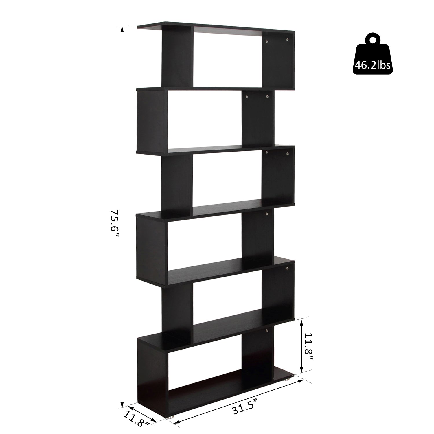 Wooden S Shape 6-Tier Bookcase - Black 75" Display Shelf-Home Furnishings > Storage & Organization > Bookshelves & Bookcases > Display Bookshelves-DECOROLALA