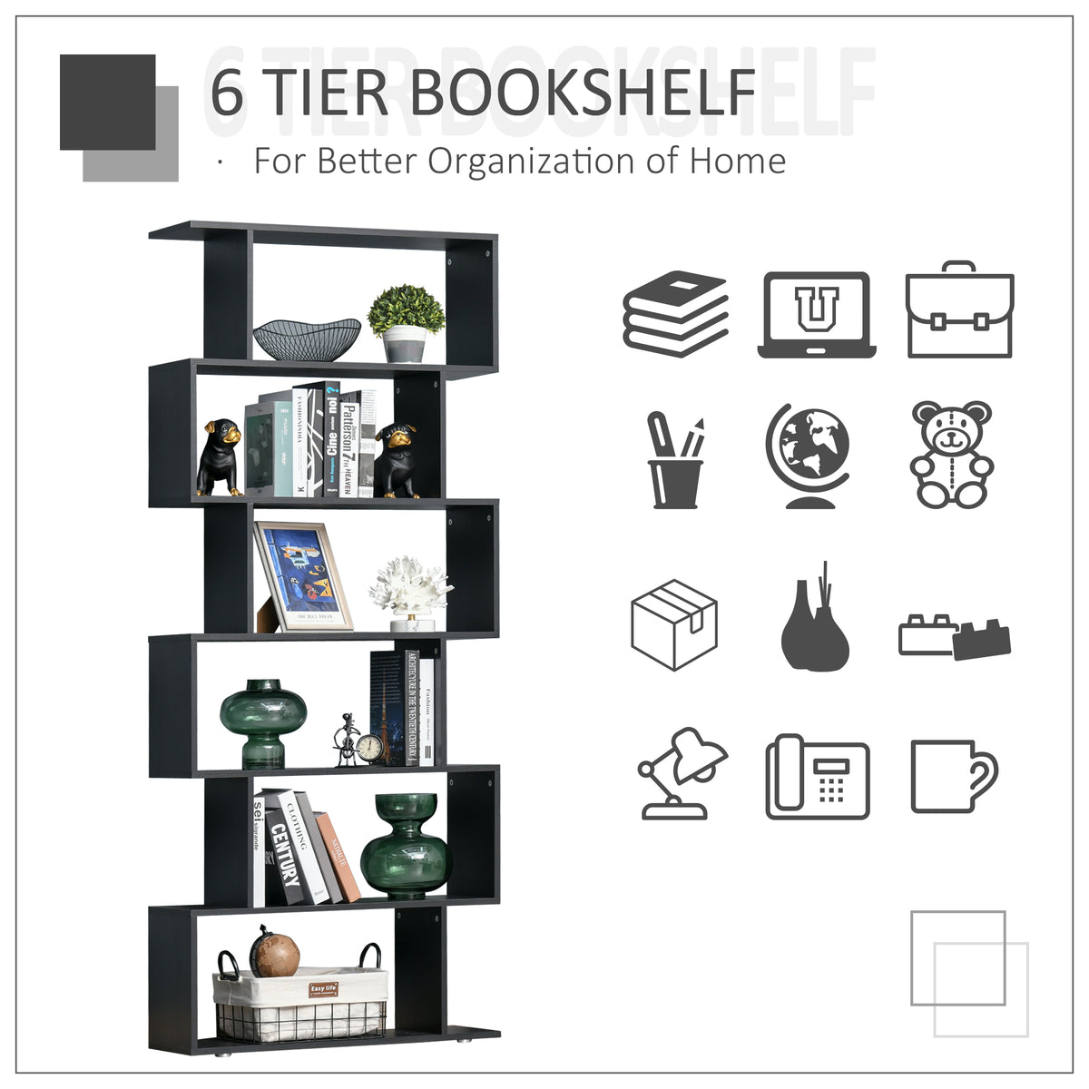 Wooden S Shape 6-Tier Bookcase - Black 75" Display Shelf-Home Furnishings > Storage & Organization > Bookshelves & Bookcases > Display Bookshelves-DECOROLALA