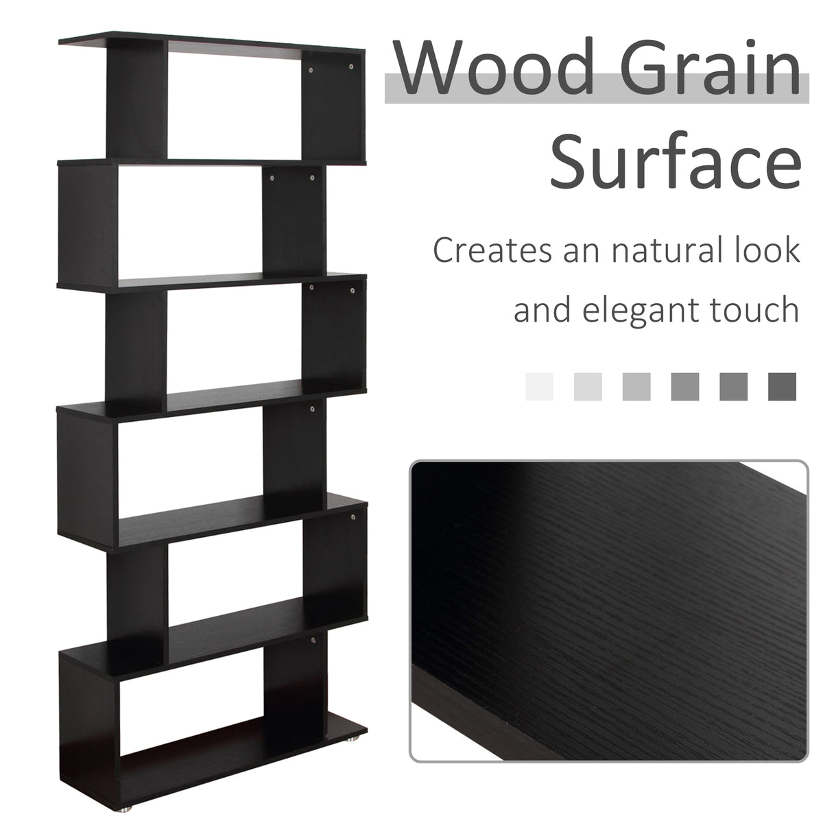 Wooden S Shape 6-Tier Bookcase - Black 75" Display Shelf-Home Furnishings > Storage & Organization > Bookshelves & Bookcases > Display Bookshelves-DECOROLALA