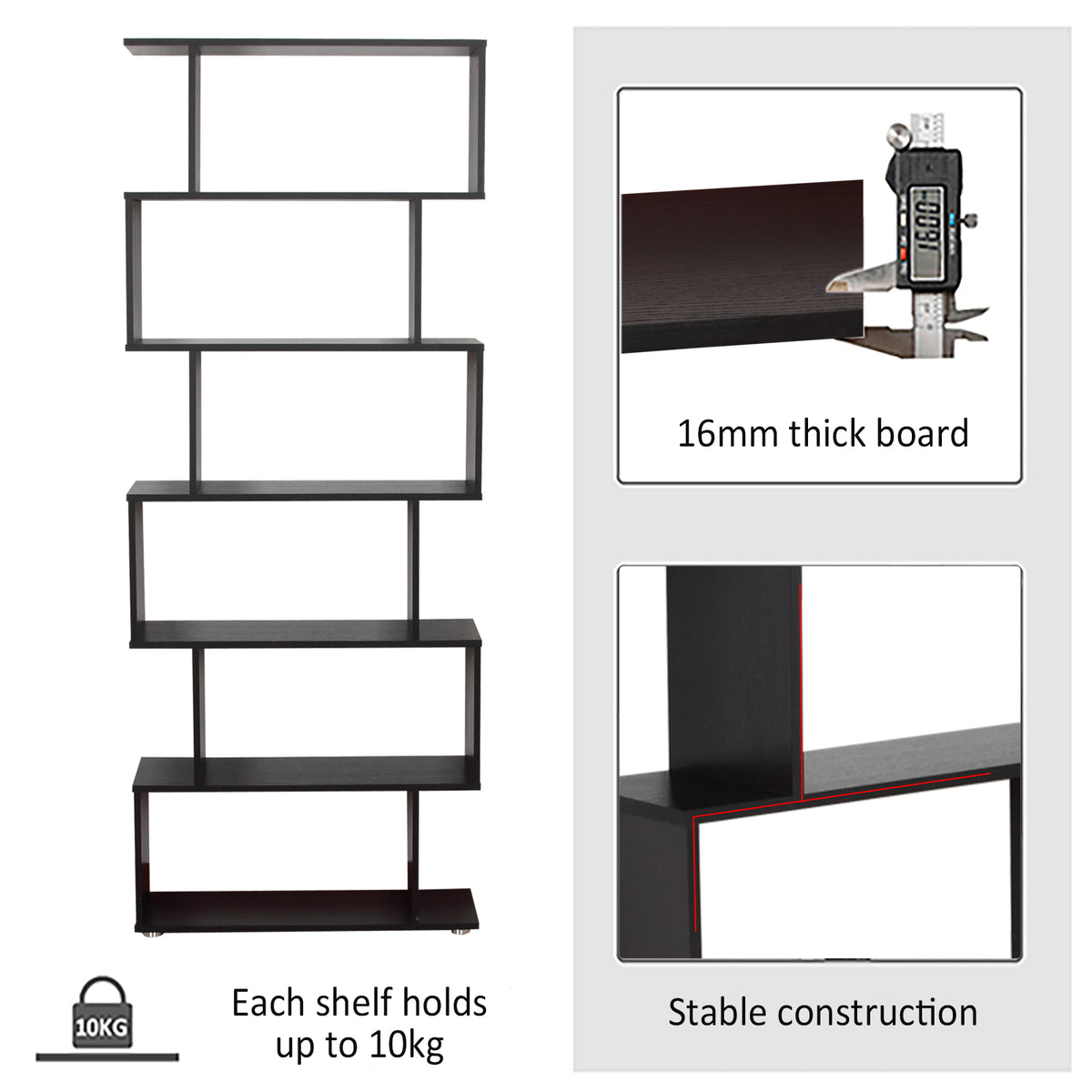 Wooden S Shape 6-Tier Bookcase - Black 75" Display Shelf-Home Furnishings > Storage & Organization > Bookshelves & Bookcases > Display Bookshelves-DECOROLALA