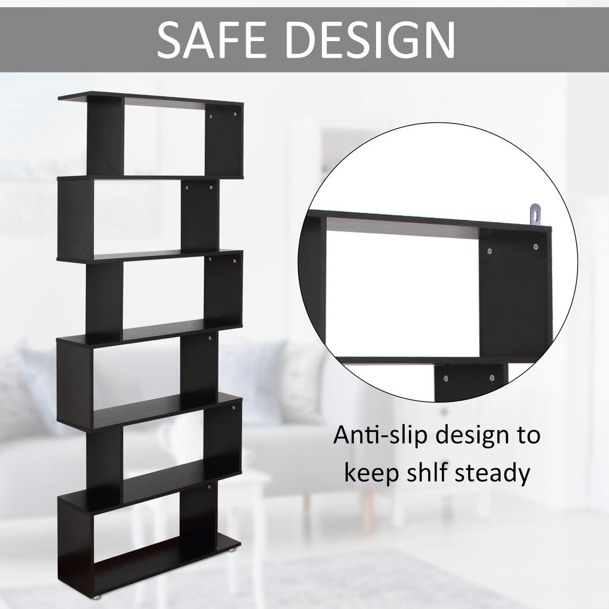 Wooden S Shape 6-Tier Bookcase - Black 75" Display Shelf-Home Furnishings > Storage & Organization > Bookshelves & Bookcases > Display Bookshelves-DECOROLALA