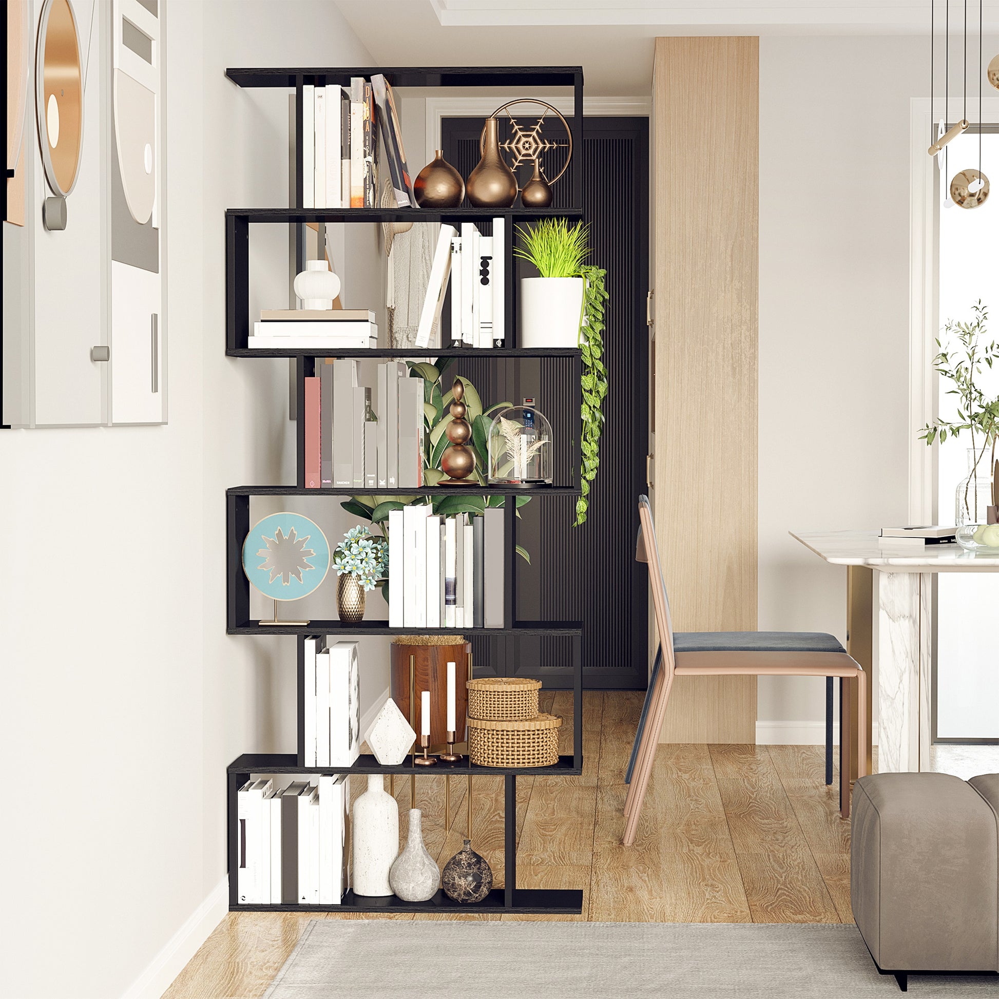 Wooden S Shape Bookcase 6 Shelves Storage Display Home Office Furniture-Home Furnishings > Storage & Organization > Bookshelves & Bookcases > Display Bookshelves-DECOROLALA