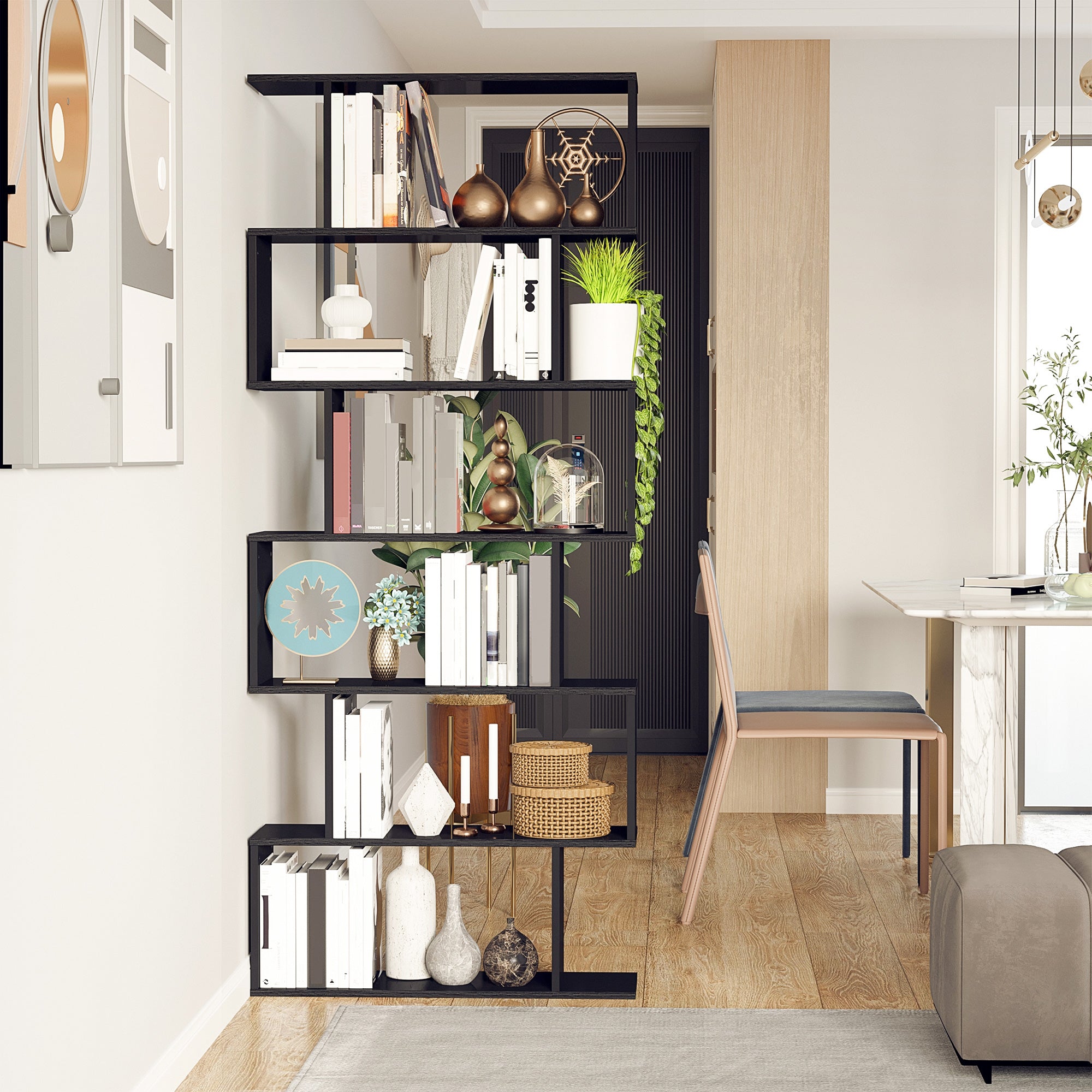 Wooden S Shape Bookcase 6 Shelves Storage Display Home Office Furniture-Home Furnishings > Storage & Organization > Bookshelves & Bookcases > Display Bookshelves-DECOROLALA