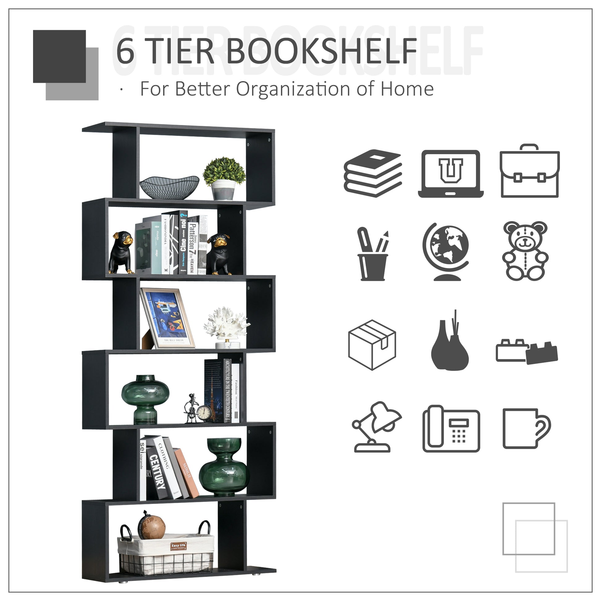 Wooden S Shape Bookcase 6 Shelves Storage Display Home Office Furniture-Home Furnishings > Storage & Organization > Bookshelves & Bookcases > Display Bookshelves-DECOROLALA