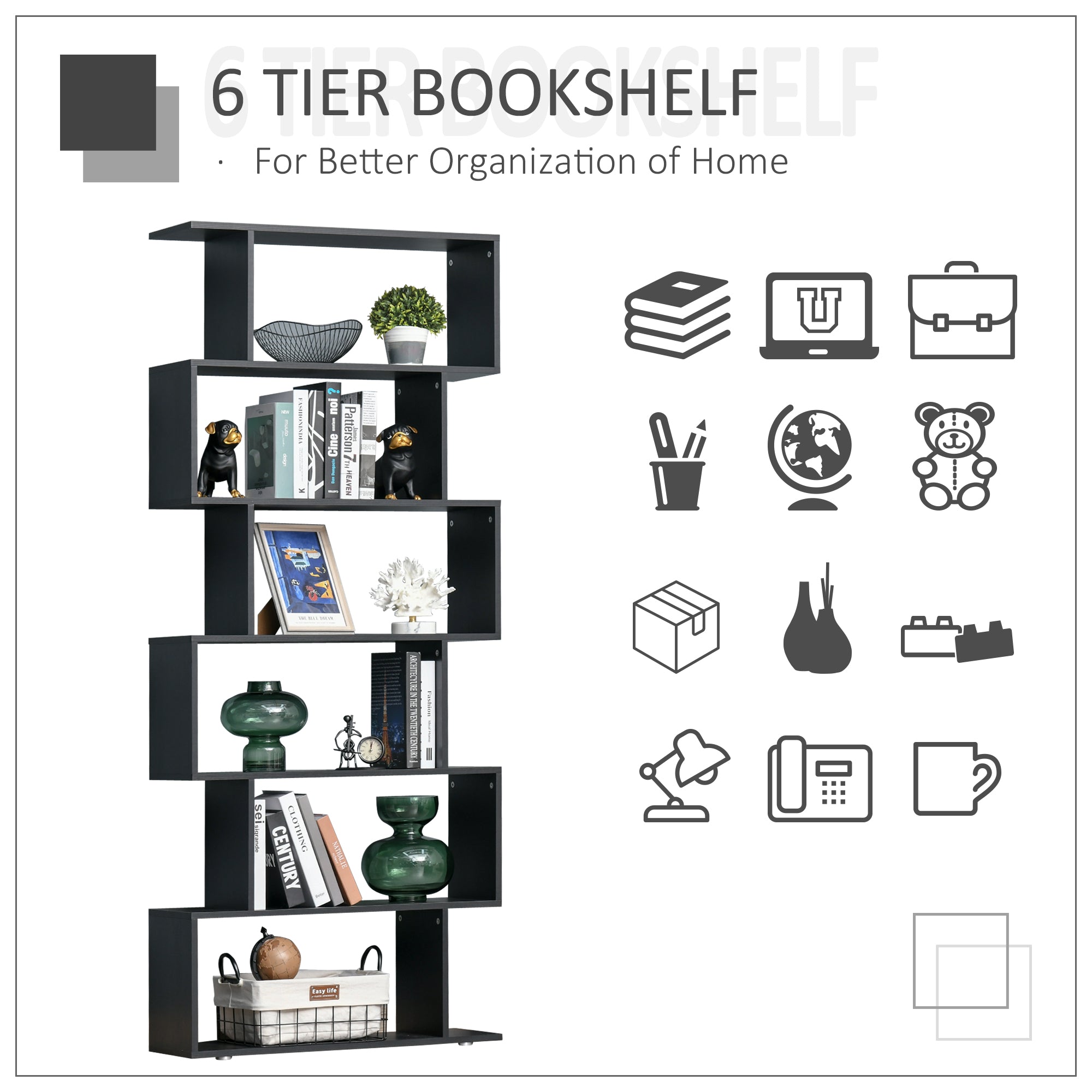 Wooden S Shape Bookcase 6 Shelves Storage Display Home Office Furniture-Home Furnishings > Storage & Organization > Bookshelves & Bookcases > Display Bookshelves-DECOROLALA