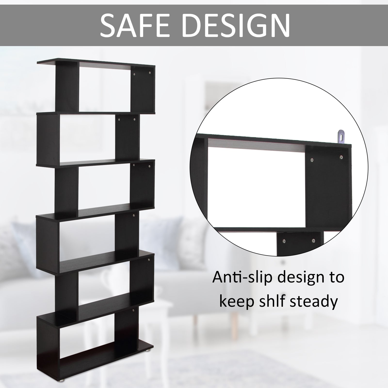 Wooden S Shape Bookcase 6 Shelves Storage Display Home Office Furniture-Home Furnishings > Storage & Organization > Bookshelves & Bookcases > Display Bookshelves-DECOROLALA