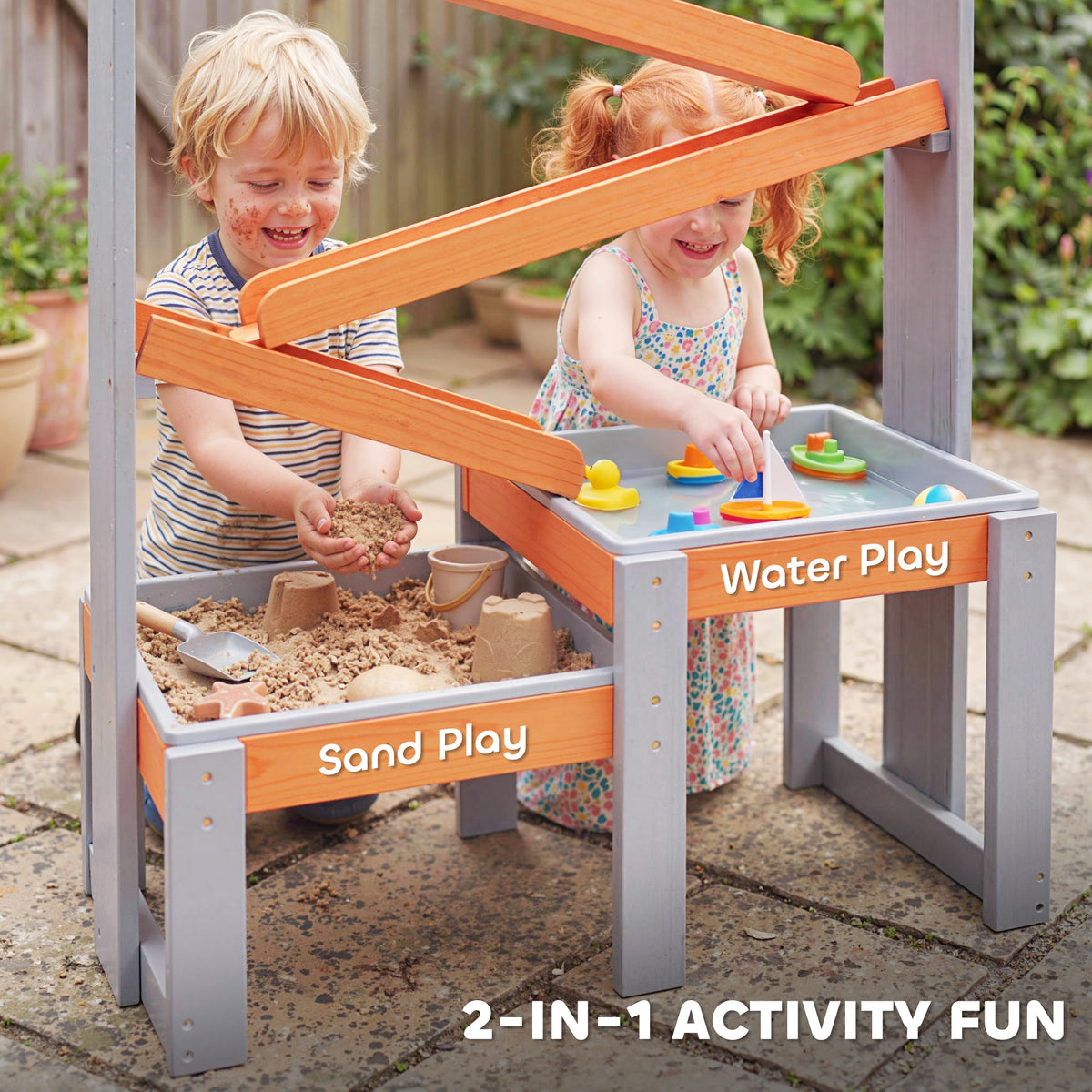 Wooden Sandbox, Kids Sand and Water Table with Waterway Track and Dual Boxes, Sensory Table for Outdoor, Grey-Sandboxes-DECOROLALA