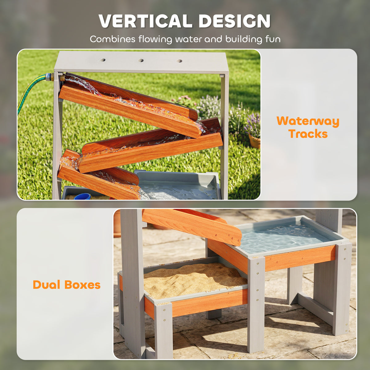 Wooden Sandbox, Kids Sand and Water Table with Waterway Track and Dual Boxes, Sensory Table for Outdoor, Grey-Sandboxes-DECOROLALA