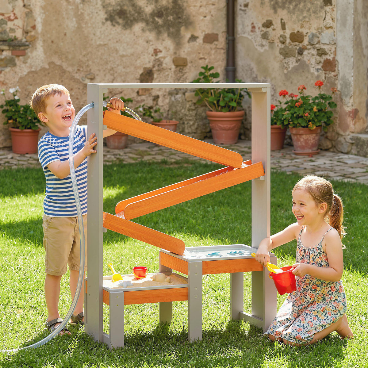 Wooden Sandbox, Kids Sand and Water Table with Waterway Track and Dual Boxes, Sensory Table for Outdoor, Grey-Sandboxes-DECOROLALA