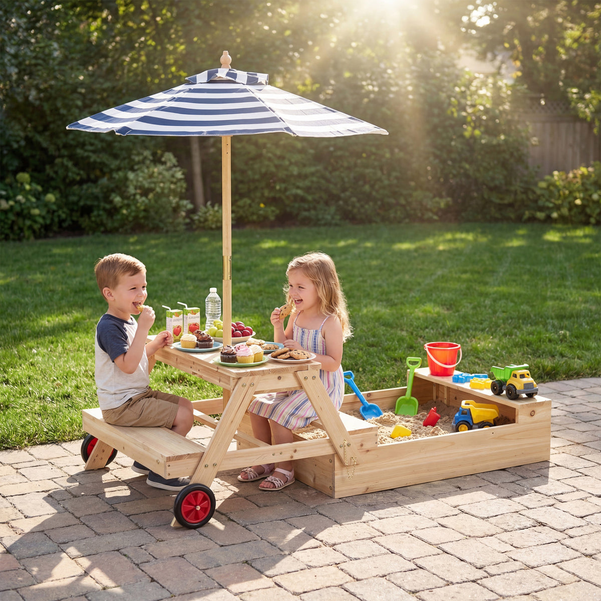 Wooden Sandbox & Picnic Table with Umbrella - Blue-Sandboxes-DECOROLALA
